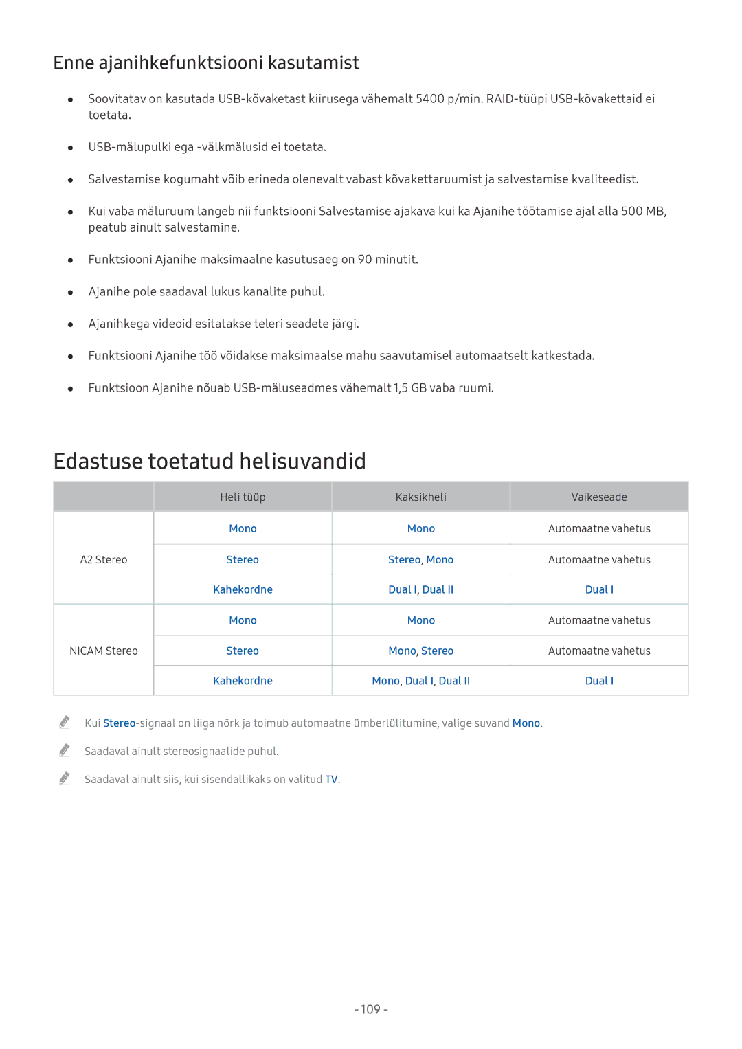 Samsung UE55MU7072TXXH manual Edastuse toetatud helisuvandid, Enne ajanihkefunktsiooni kasutamist, Mono Automaatne vahetus 