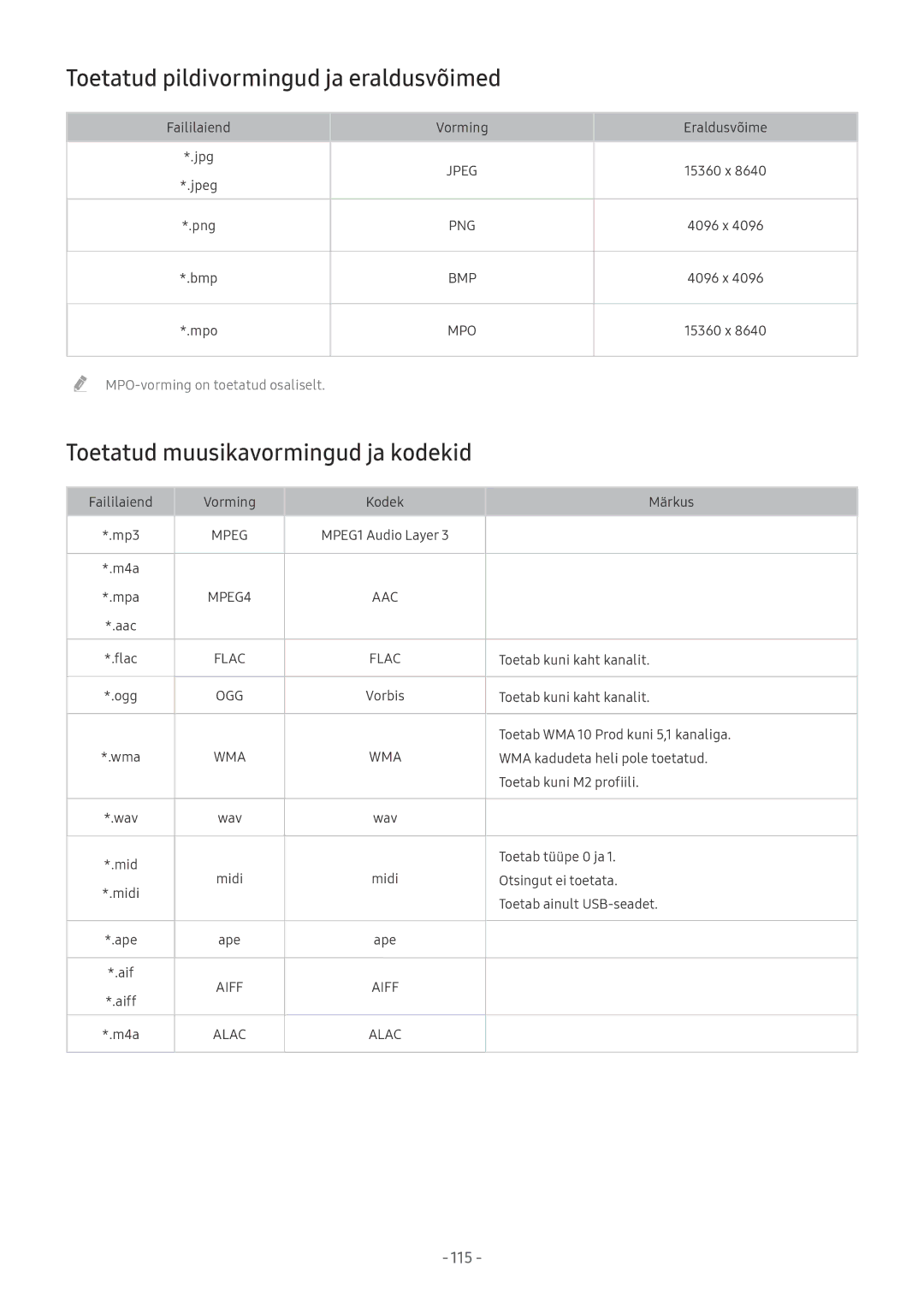 Samsung UE49MU6292UXXH, UE58MU6192UXXH manual Toetatud pildivormingud ja eraldusvõimed, Toetatud muusikavormingud ja kodekid 