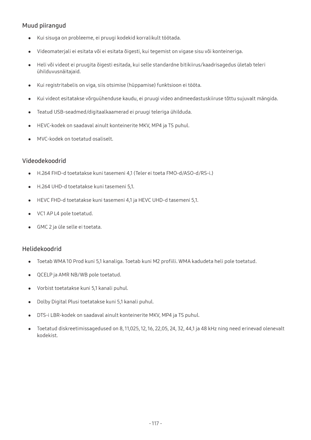 Samsung UE55MU7002TXXH, UE58MU6192UXXH, UE40MU6402UXXH, UE75MU8002TXXH manual Muud piirangud, Videodekoodrid, Helidekoodrid 