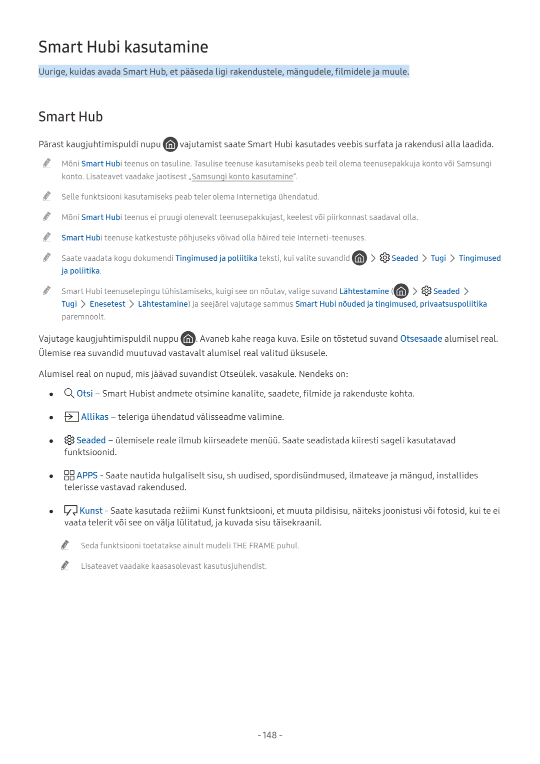 Samsung UE65MU6502UXXH, UE58MU6192UXXH, UE55MU7002TXXH, UE40MU6402UXXH manual Smart Hub, Seaded Tugi Tingimused Ja poliitika 