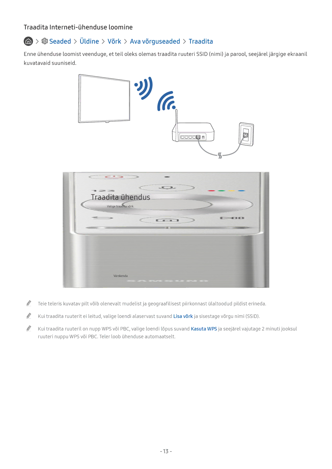 Samsung QE75Q7FAMTXXH, UE58MU6192UXXH Traadita Interneti-ühenduse loomine, Seaded Üldine Võrk Ava võrguseaded Traadita 