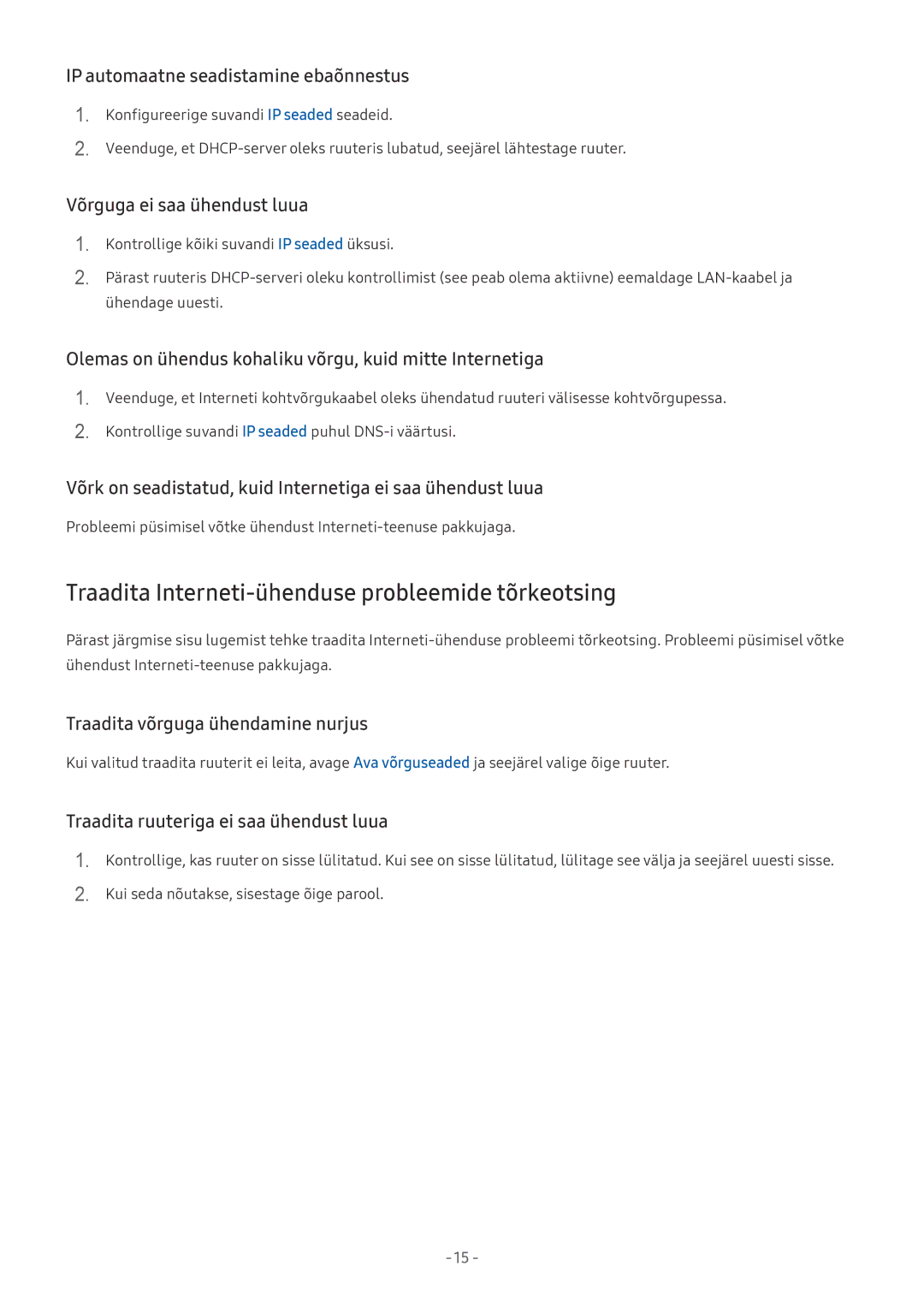 Samsung UE55MU6402UXXH, UE58MU6192UXXH, UE55MU7002TXXH, UE40MU6402UXXH Traadita Interneti-ühenduse probleemide tõrkeotsing 