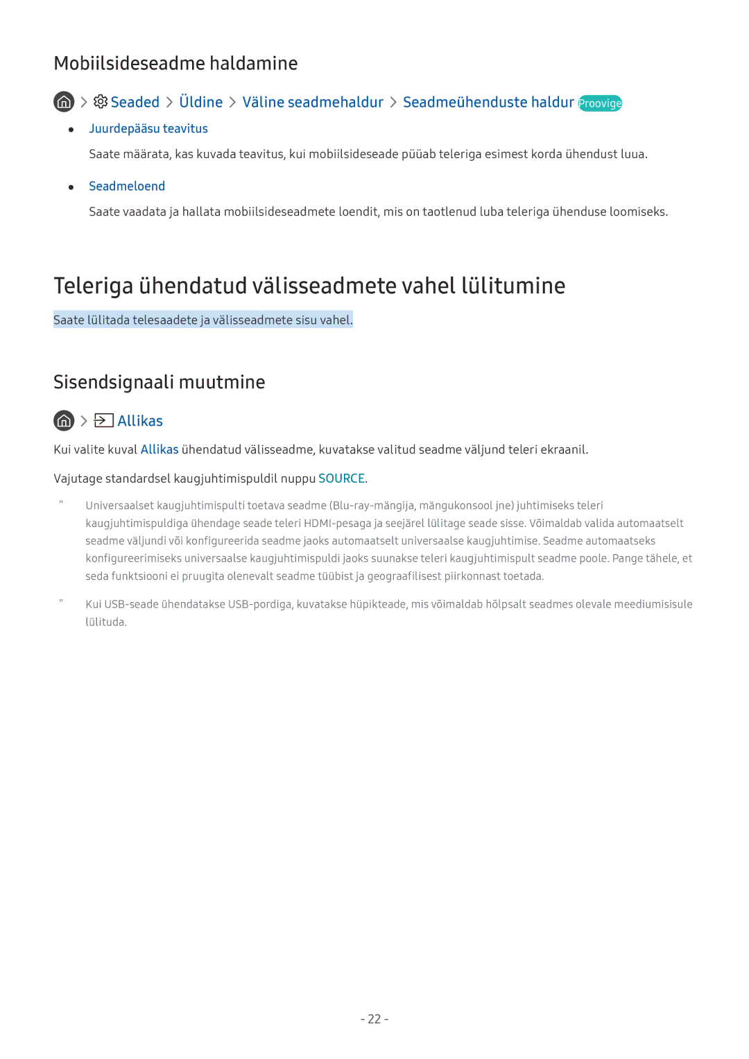 Samsung UE55MU7052TXXH Teleriga ühendatud välisseadmete vahel lülitumine, Mobiilsideseadme haldamine, Juurdepääsu teavitus 