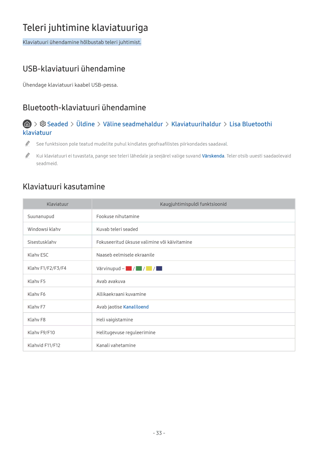 Samsung UE65MU6272UXXH manual Teleri juhtimine klaviatuuriga, USB-klaviatuuri ühendamine, Bluetooth-klaviatuuri ühendamine 