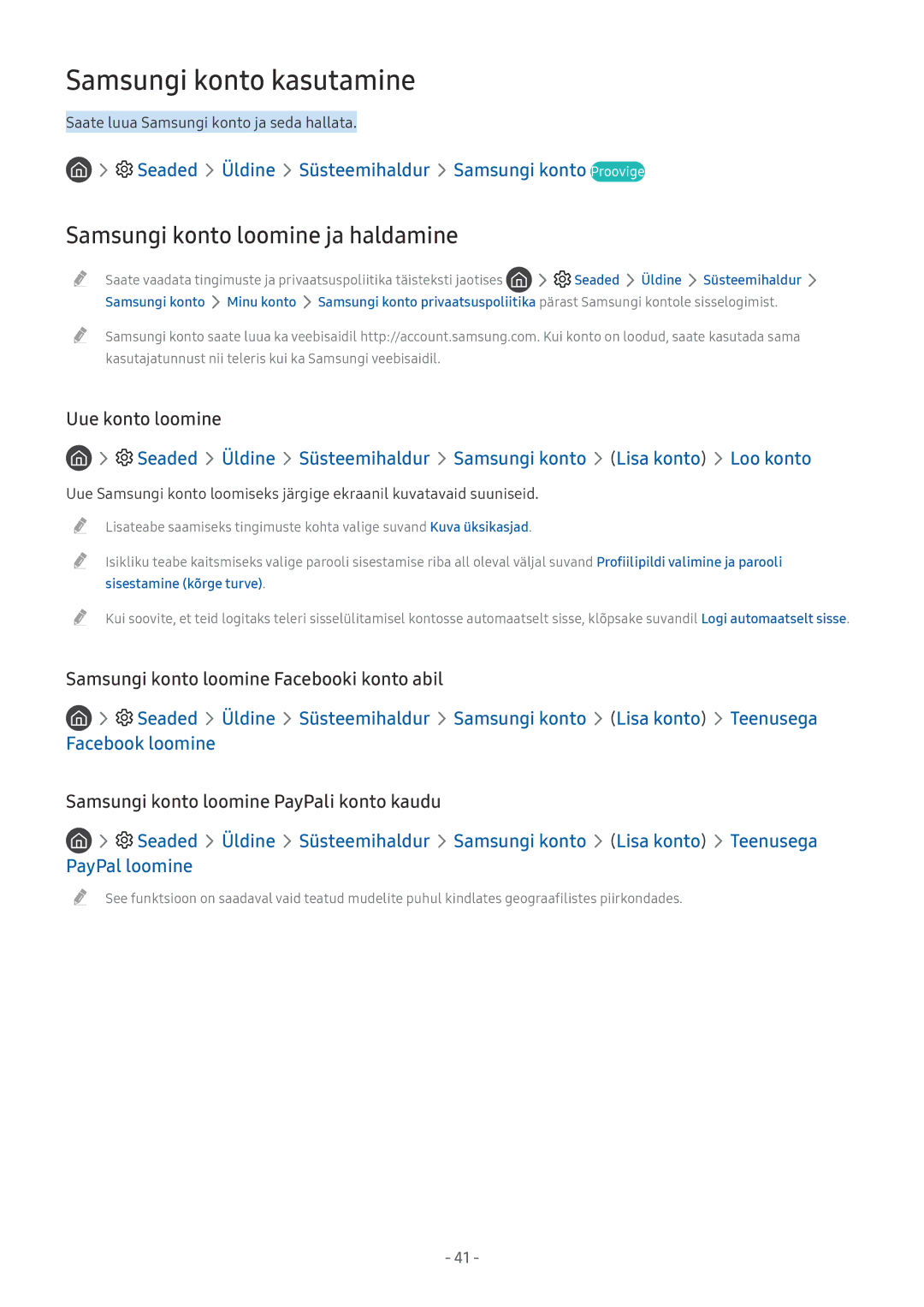 Samsung UE65MU6472UXXH, UE58MU6192UXXH, UE55MU7002TXXH manual Samsungi konto kasutamine, Samsungi konto loomine ja haldamine 