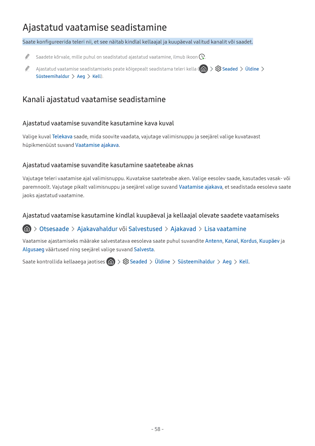 Samsung UE75MU8002TXXH, UE58MU6192UXXH manual Ajastatud vaatamise seadistamine, Kanali ajastatud vaatamise seadistamine 