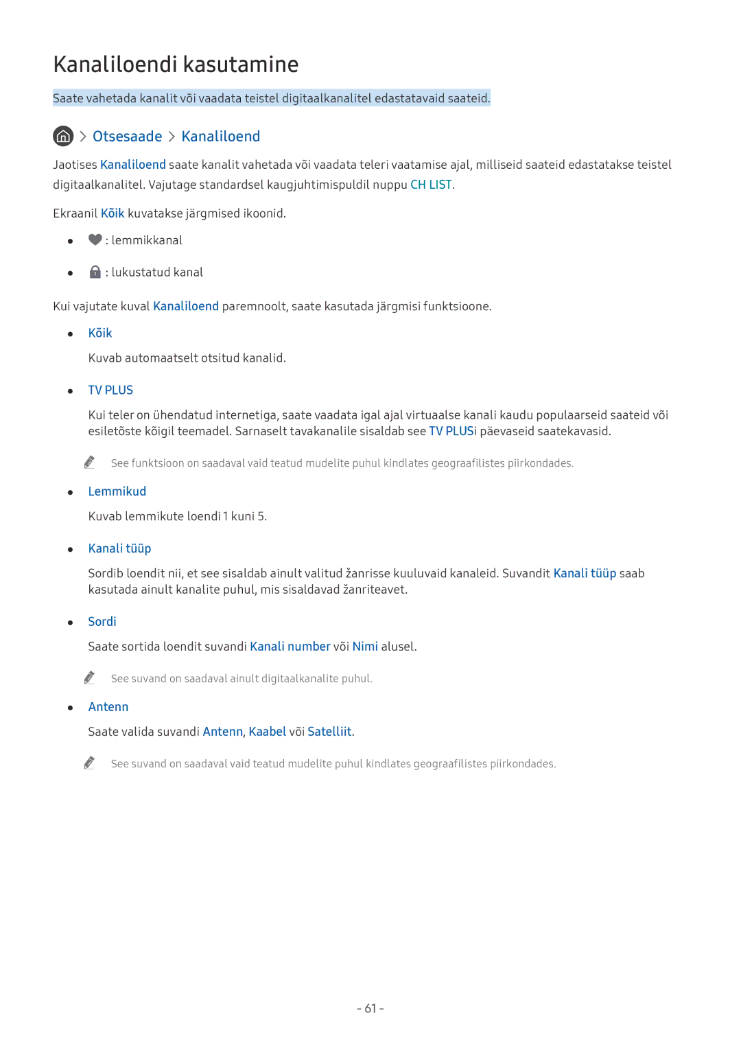 Samsung UE49MU8002TXXH, UE58MU6192UXXH, UE55MU7002TXXH, UE40MU6402UXXH manual Kanaliloendi kasutamine, Otsesaade Kanaliloend 