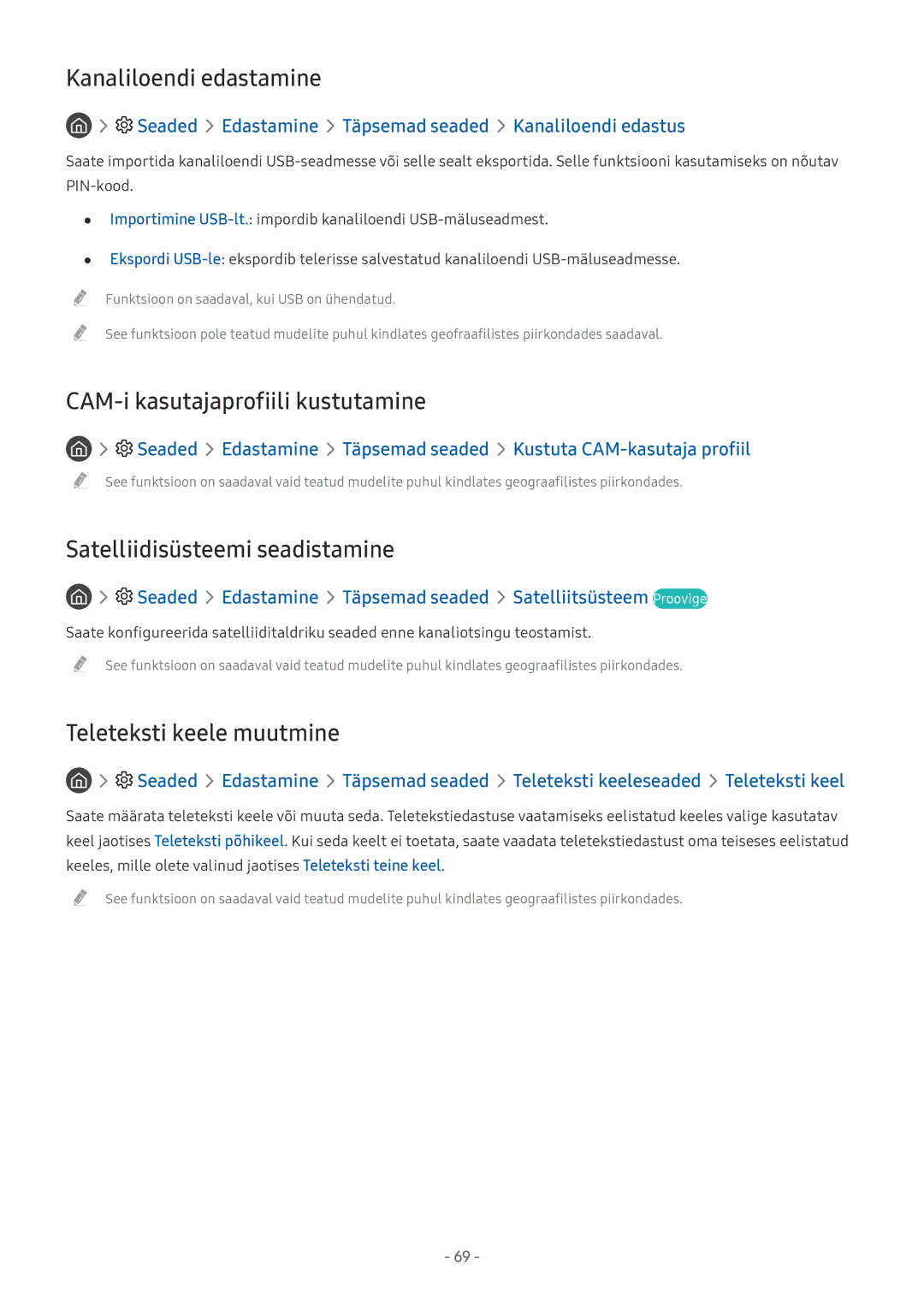 Samsung UE65MU9002TXXH manual Kanaliloendi edastamine, CAM-i kasutajaprofiili kustutamine, Satelliidisüsteemi seadistamine 