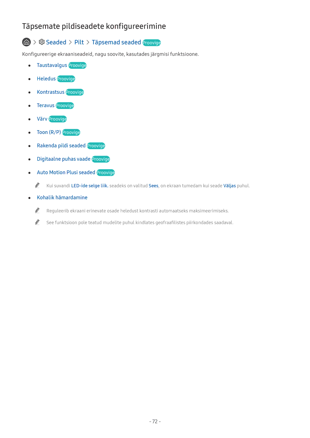 Samsung UE43MU6122KXXH Täpsemate pildiseadete konfigureerimine, Seaded Pilt Täpsemad seaded Proovige, Toon R/P Proovige 