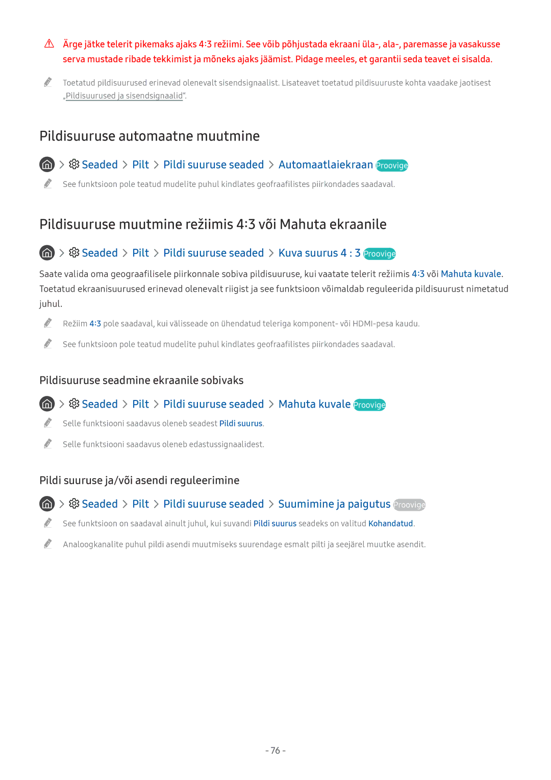 Samsung UE55MU6402UXXH manual Pildisuuruse automaatne muutmine, Pildisuuruse muutmine režiimis 43 või Mahuta ekraanile 