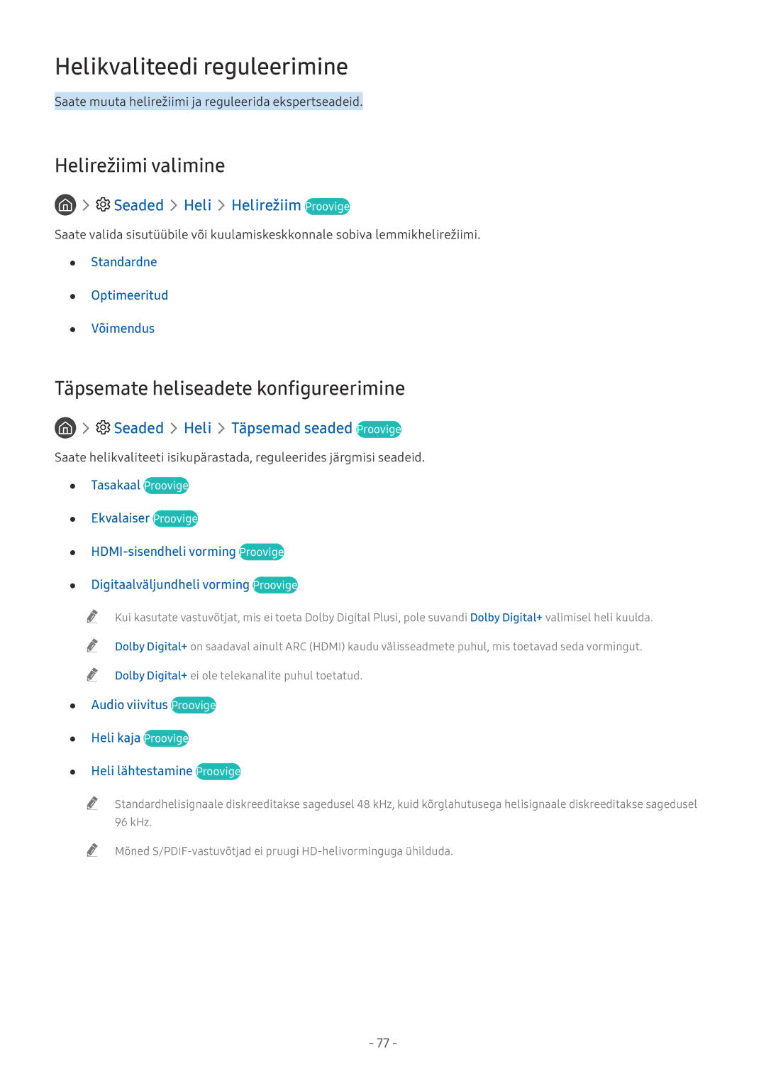 Samsung UE55MU8002TXXH manual Helikvaliteedi reguleerimine, Helirežiimi valimine, Täpsemate heliseadete konfigureerimine 