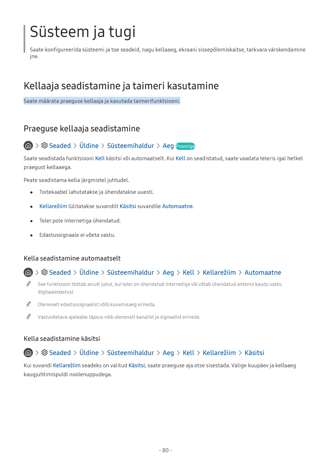 Samsung UE49MU6472UXXH, UE58MU6192UXXH manual Kellaaja seadistamine ja taimeri kasutamine, Praeguse kellaaja seadistamine 