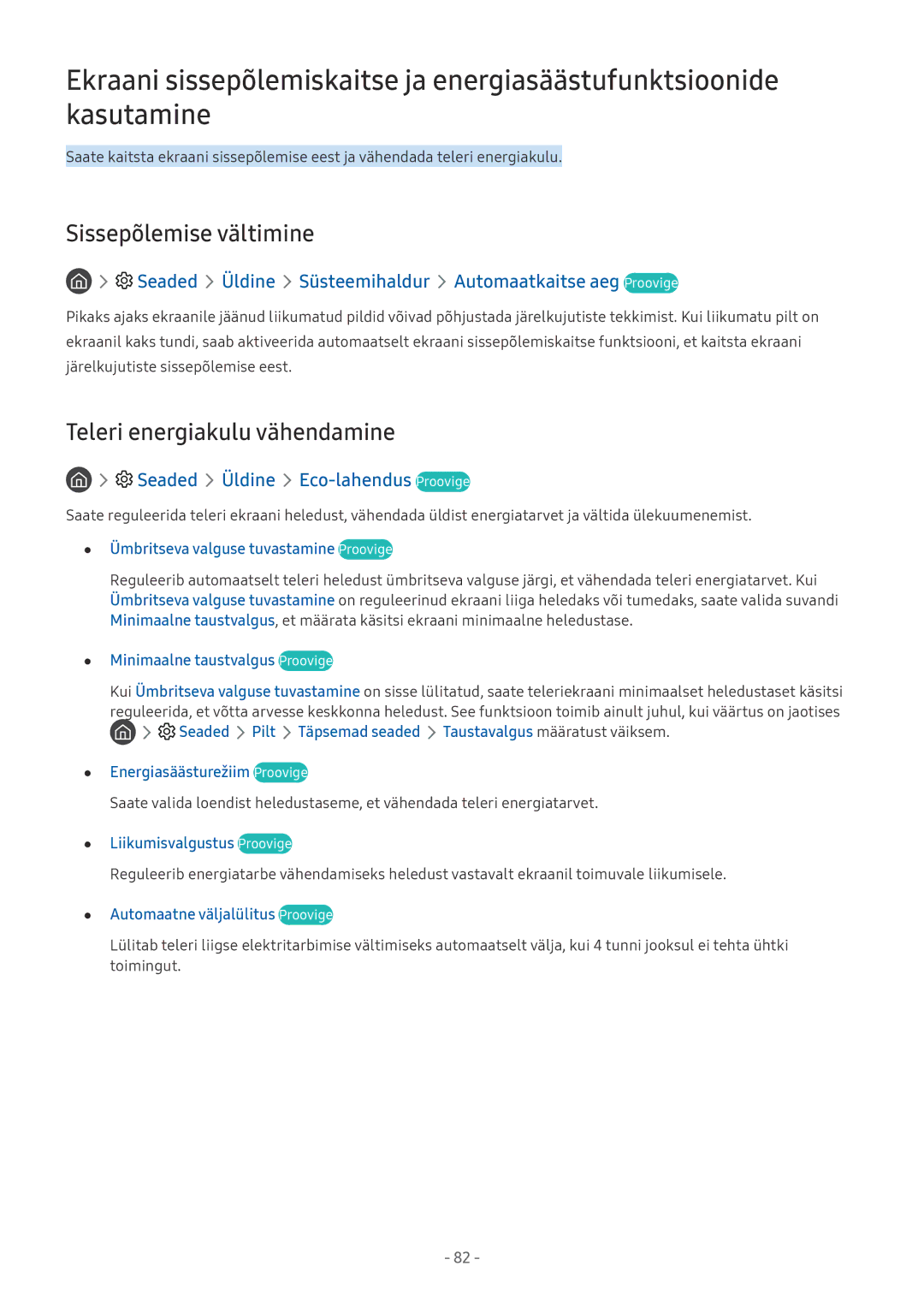 Samsung UE75MU6172UXXH manual Sissepõlemise vältimine, Teleri energiakulu vähendamine, Seaded Üldine Eco-lahendus Proovige 