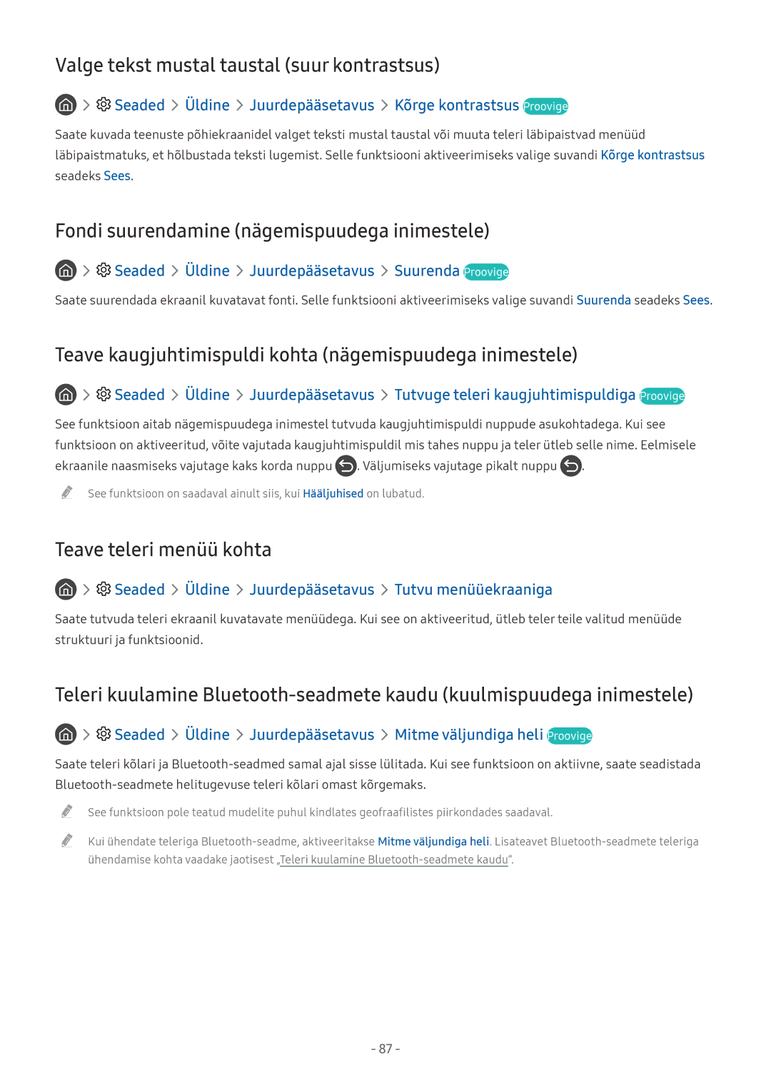 Samsung UE65MU6502UXXH manual Valge tekst mustal taustal suur kontrastsus, Fondi suurendamine nägemispuudega inimestele 