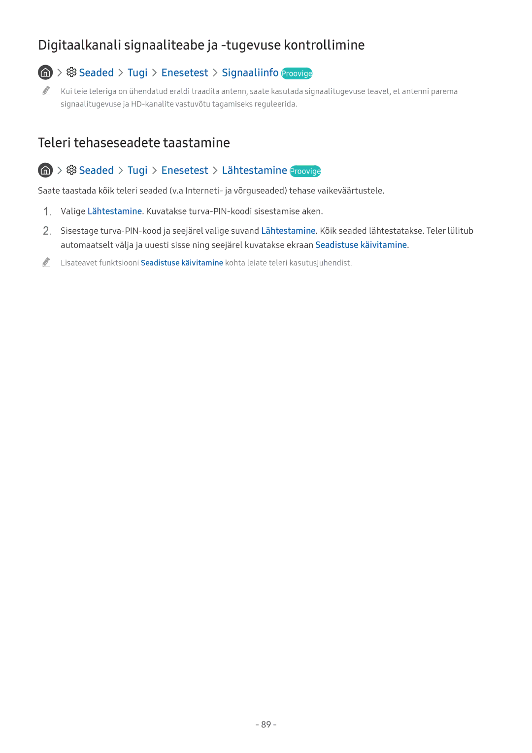 Samsung UE55MU6272UXXH manual Digitaalkanali signaaliteabe ja -tugevuse kontrollimine, Teleri tehaseseadete taastamine 