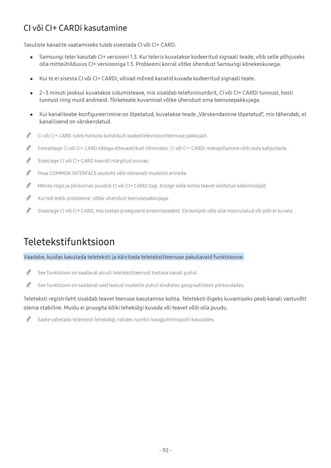 Samsung QE49Q7FAMTXXH, UE58MU6192UXXH, UE55MU7002TXXH, UE40MU6402UXXH manual Teletekstifunktsioon, CI või CI+ CARDi kasutamine 