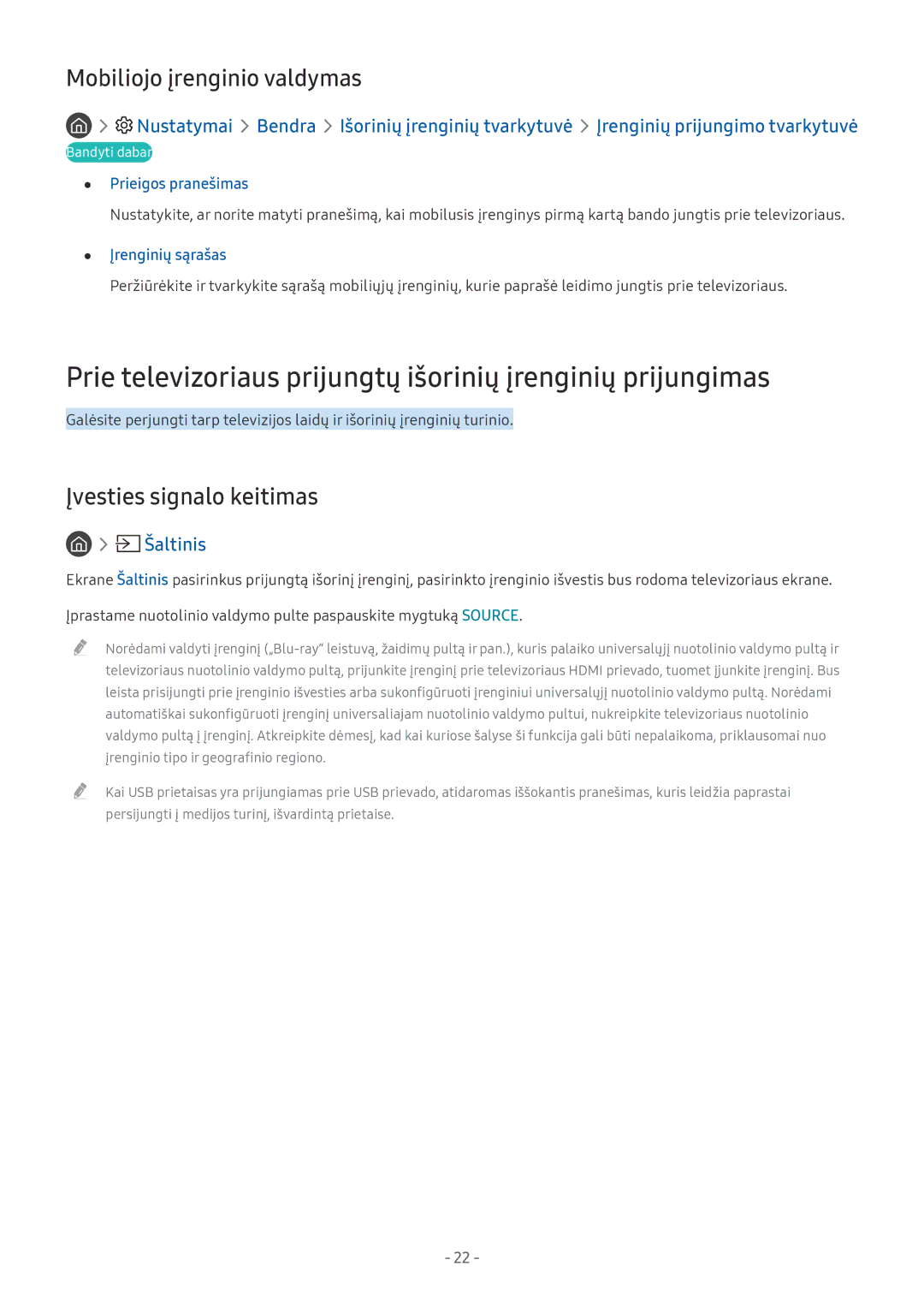 Samsung UE55MU7052TXXH manual Prie televizoriaus prijungtų išorinių įrenginių prijungimas, Mobiliojo įrenginio valdymas 