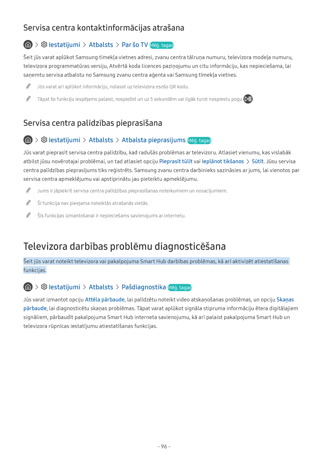 Samsung UE49MU6272UXXH manual Televizora darbības problēmu diagnosticēšana, Iestatījumi Atbalsts Par šo TV Mēģ. tagad 