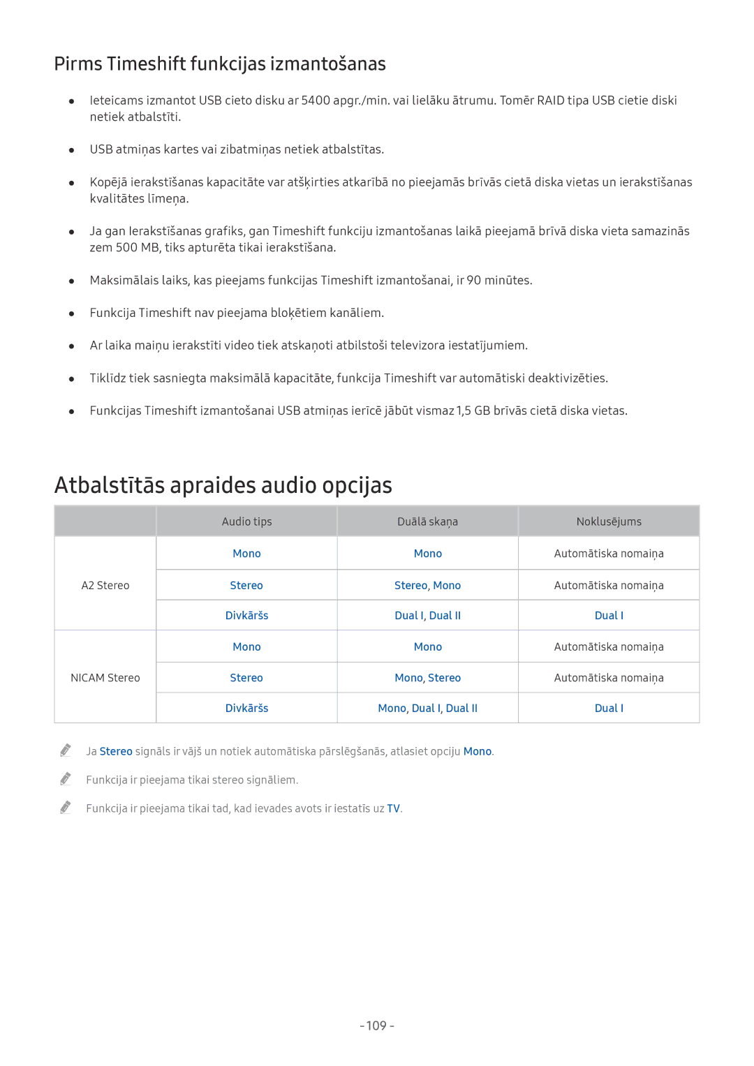 Samsung UE55MU7072TXXH, UE58MU6192UXXH manual Atbalstītās apraides audio opcijas, Pirms Timeshift funkcijas izmantošanas 