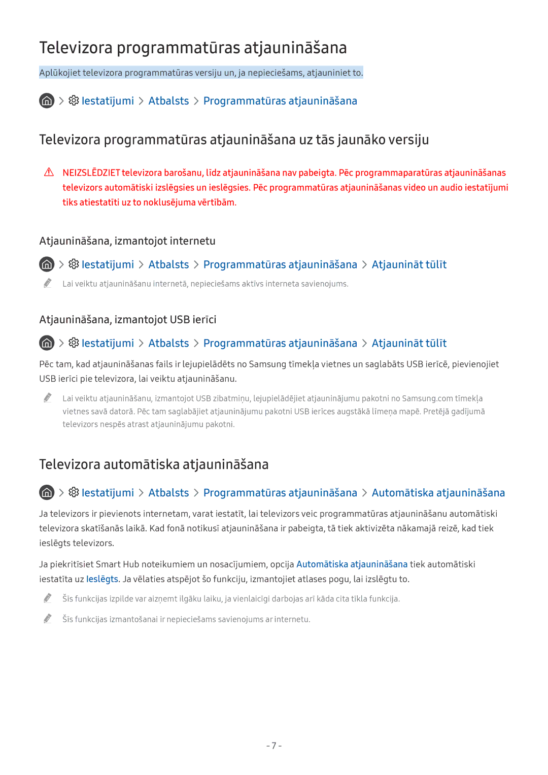 Samsung UE49MU6502UXXH, UE58MU6192UXXH manual Televizora programmatūras atjaunināšana, Televizora automātiska atjaunināšana 