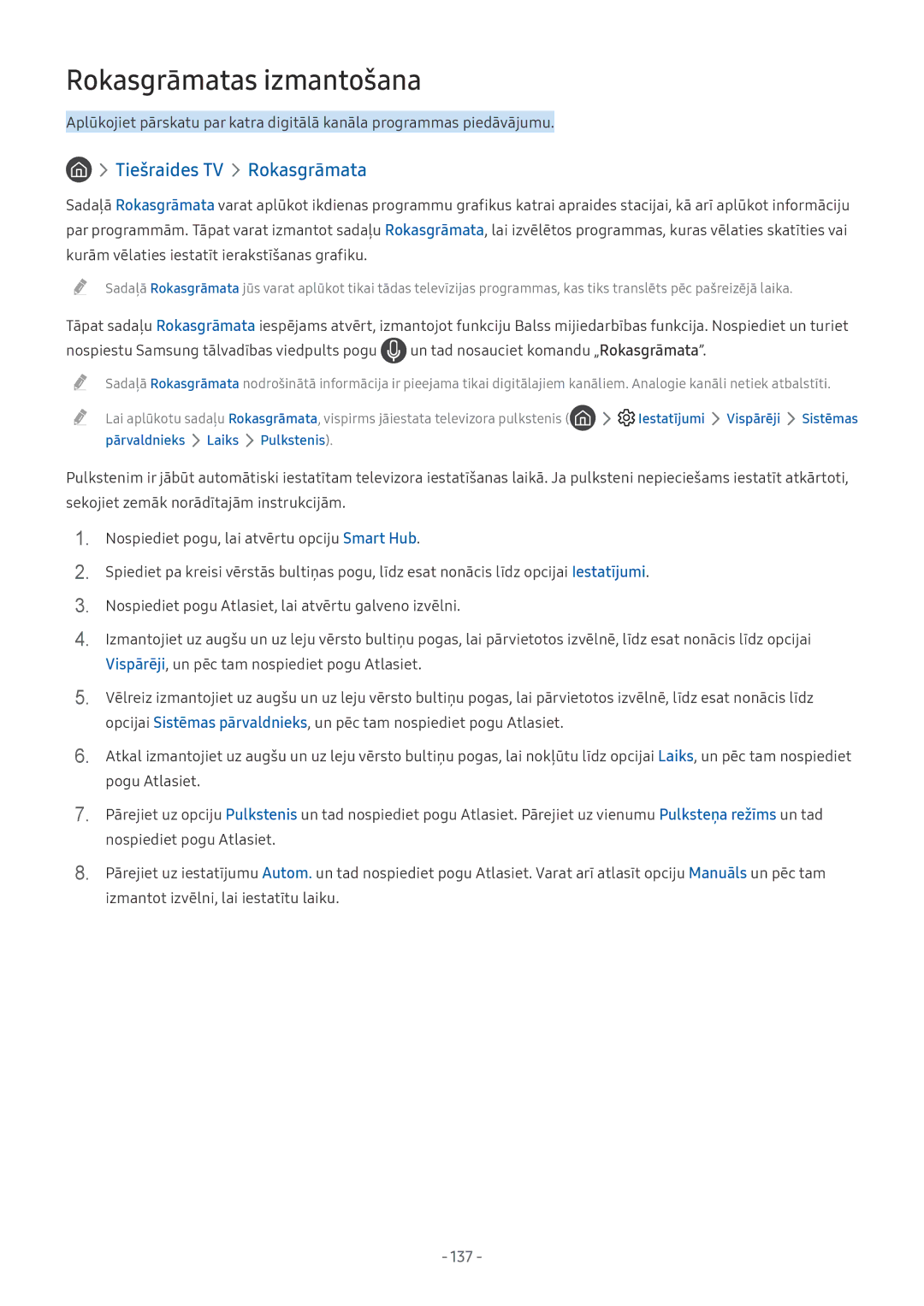 Samsung UE55MU6402UXXH, UE58MU6192UXXH, UE55MU7002TXXH, UE40MU6402UXXH, UE75MU8002TXXH manual Rokasgrāmatas izmantošana, 137 