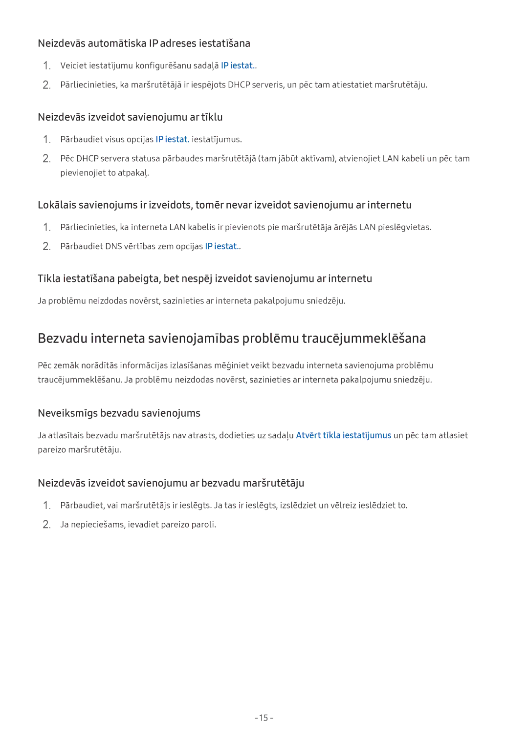 Samsung UE55MU6402UXXH manual Neizdevās automātiska IP adreses iestatīšana, Neizdevās izveidot savienojumu ar tīklu 