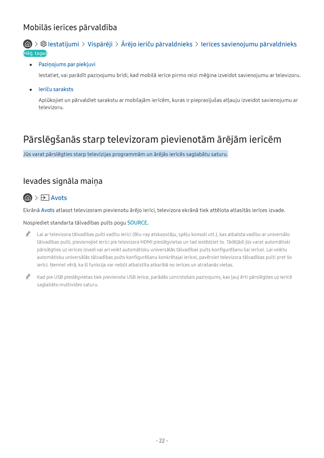 Samsung UE55MU7052TXXH manual Pārslēgšanās starp televizoram pievienotām ārējām ierīcēm, Mobilās ierīces pārvaldība 