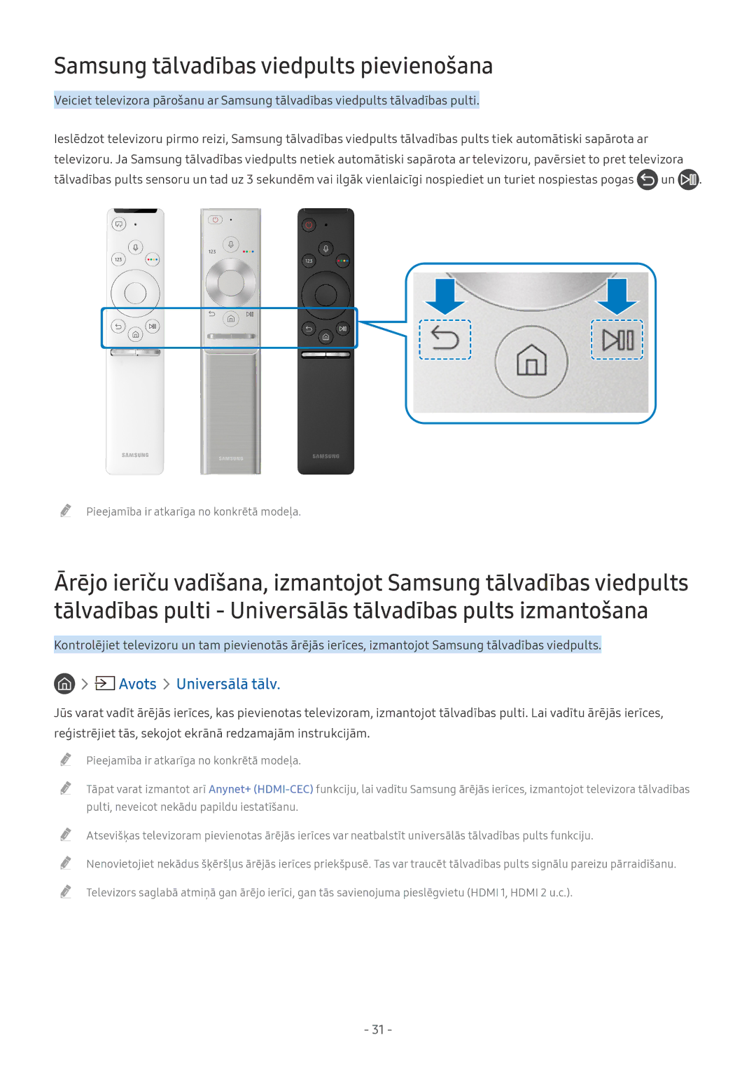 Samsung QE49Q7FAMTXXH, UE58MU6192UXXH, UE55MU7002TXXH manual Samsung tālvadības viedpults pievienošana, Avots Universālā tālv 