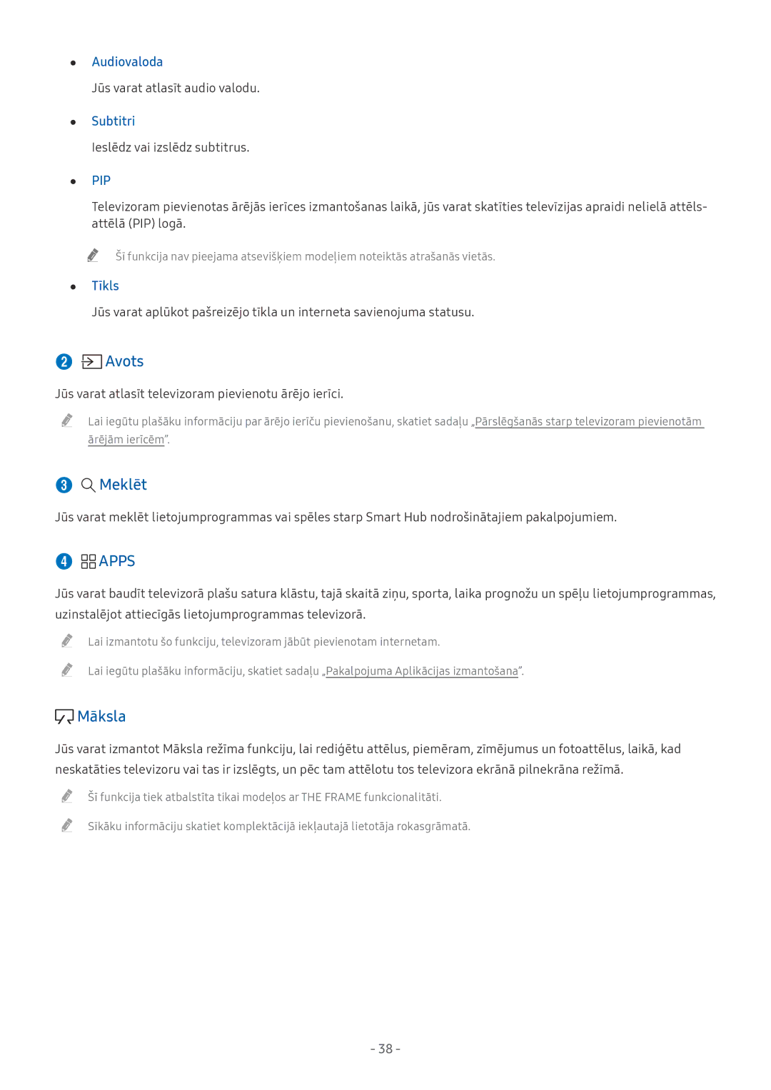 Samsung UE65MU7002TXXH, UE58MU6192UXXH, UE55MU7002TXXH, UE40MU6402UXXH, UE75MU8002TXXH manual Audiovaloda, Subtitri, Tīkls, Pip 