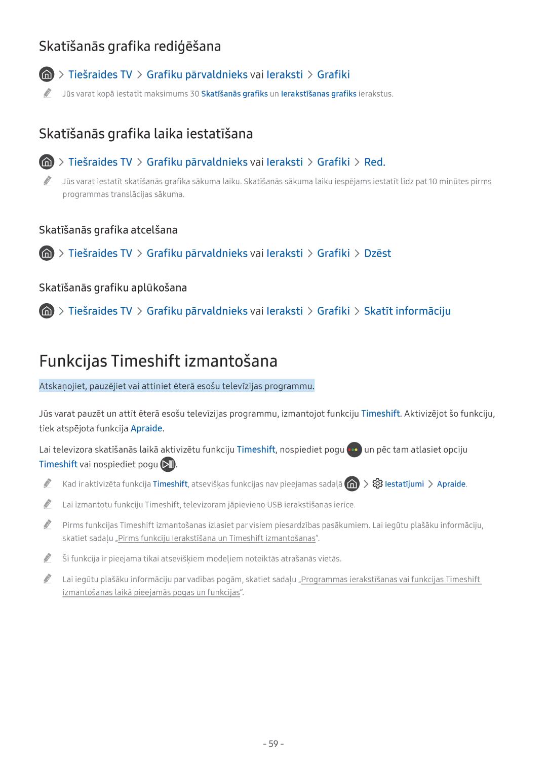 Samsung UE75MU7002TXXH manual Funkcijas Timeshift izmantošana, Skatīšanās grafika rediģēšana, Skatīšanās grafika atcelšana 