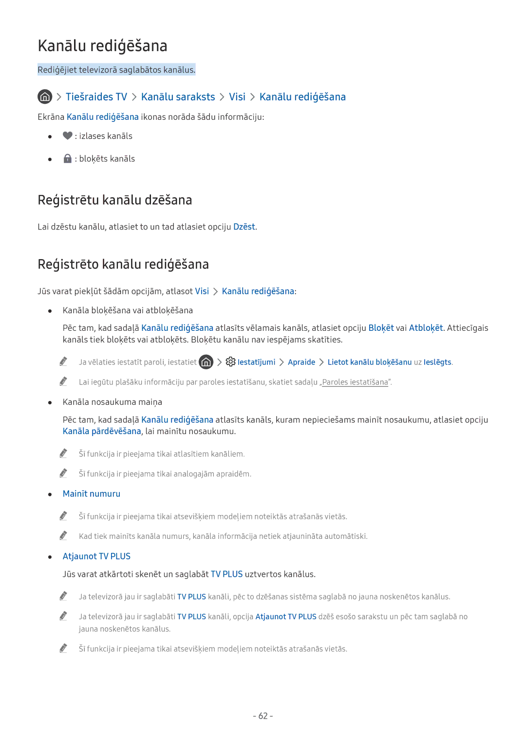 Samsung UE50MU6172UXXH, UE58MU6192UXXH manual Kanālu rediģēšana, Reģistrētu kanālu dzēšana, Reģistrēto kanālu rediģēšana 