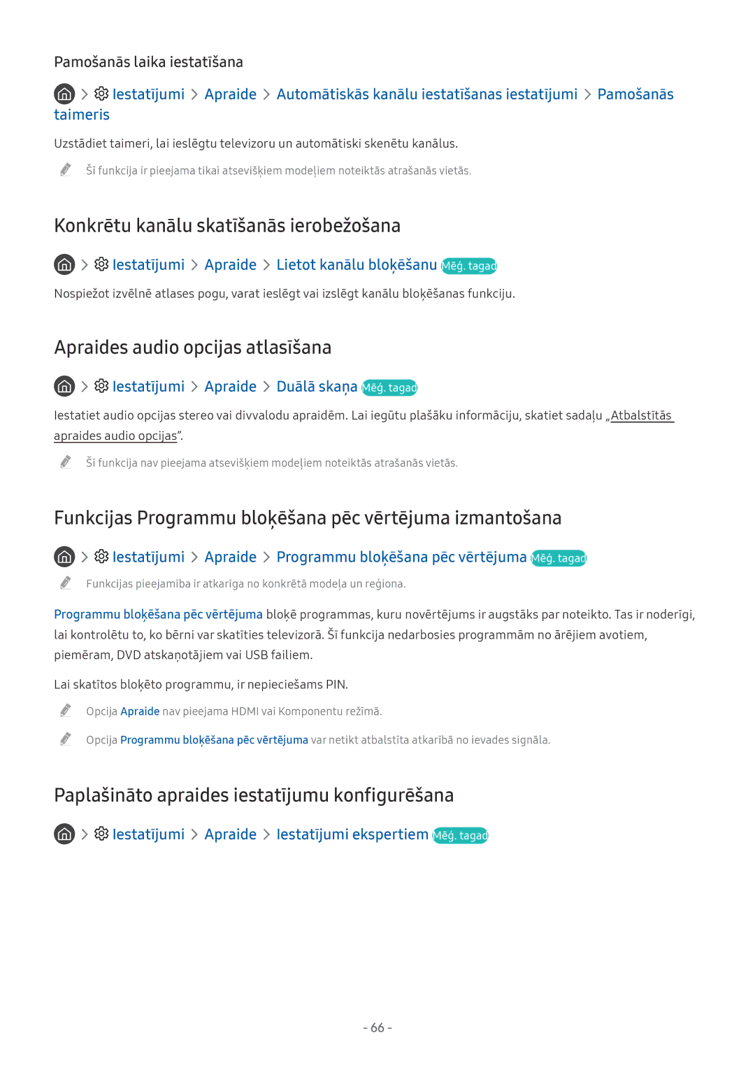 Samsung UE65MU6402UXXH, UE58MU6192UXXH manual Konkrētu kanālu skatīšanās ierobežošana, Apraides audio opcijas atlasīšana 