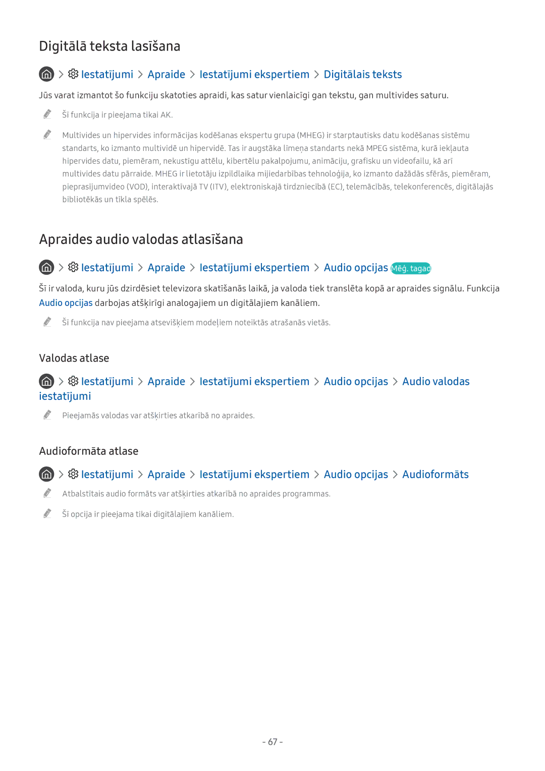 Samsung QE55Q8CAMTXXH, UE58MU6192UXXH manual Digitālā teksta lasīšana, Apraides audio valodas atlasīšana, Audio valodas 
