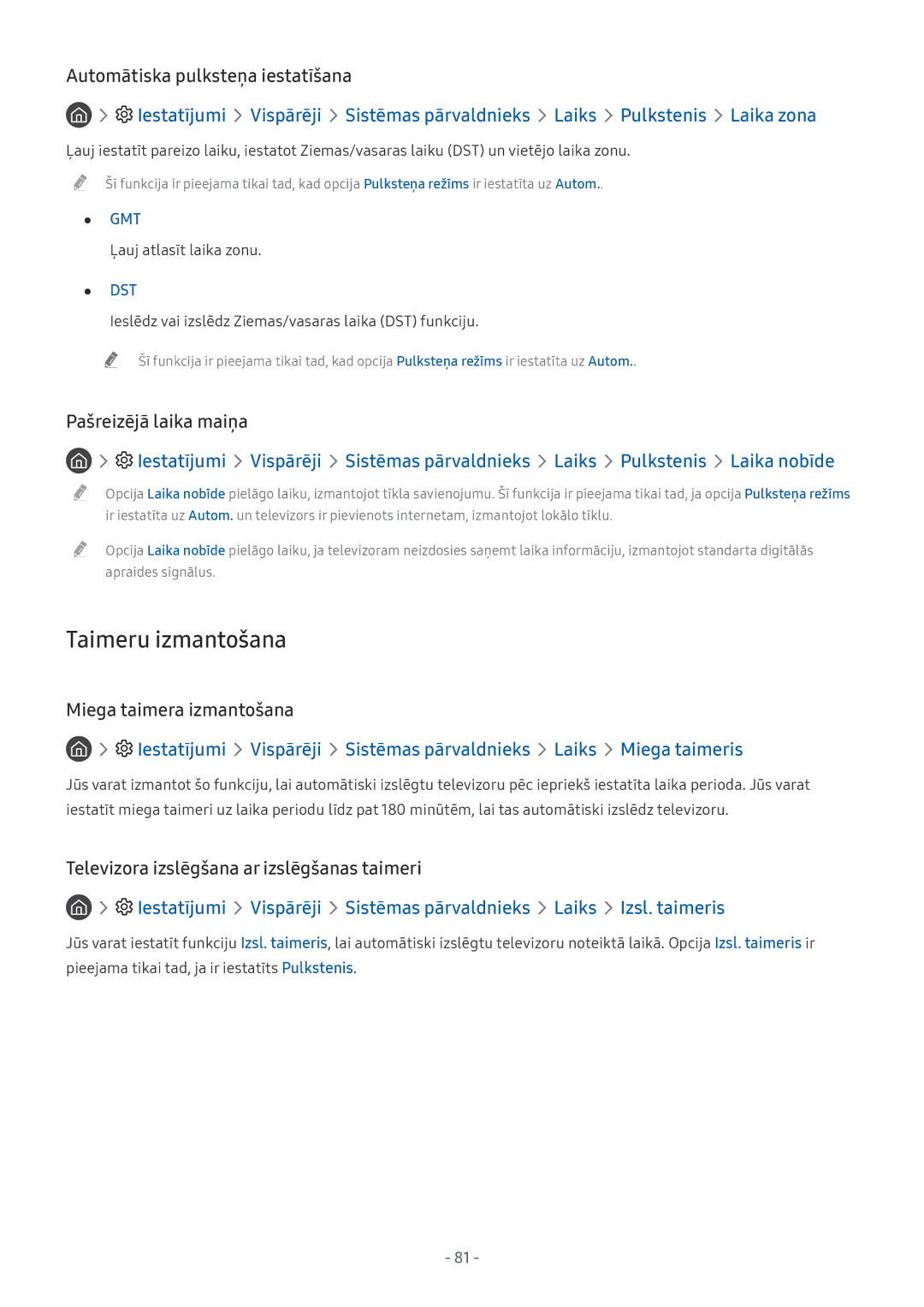 Samsung UE43MU6172UXXH, UE58MU6192UXXH manual Taimeru izmantošana, Pašreizējā laika maiņa, Miega taimera izmantošana, Dst 