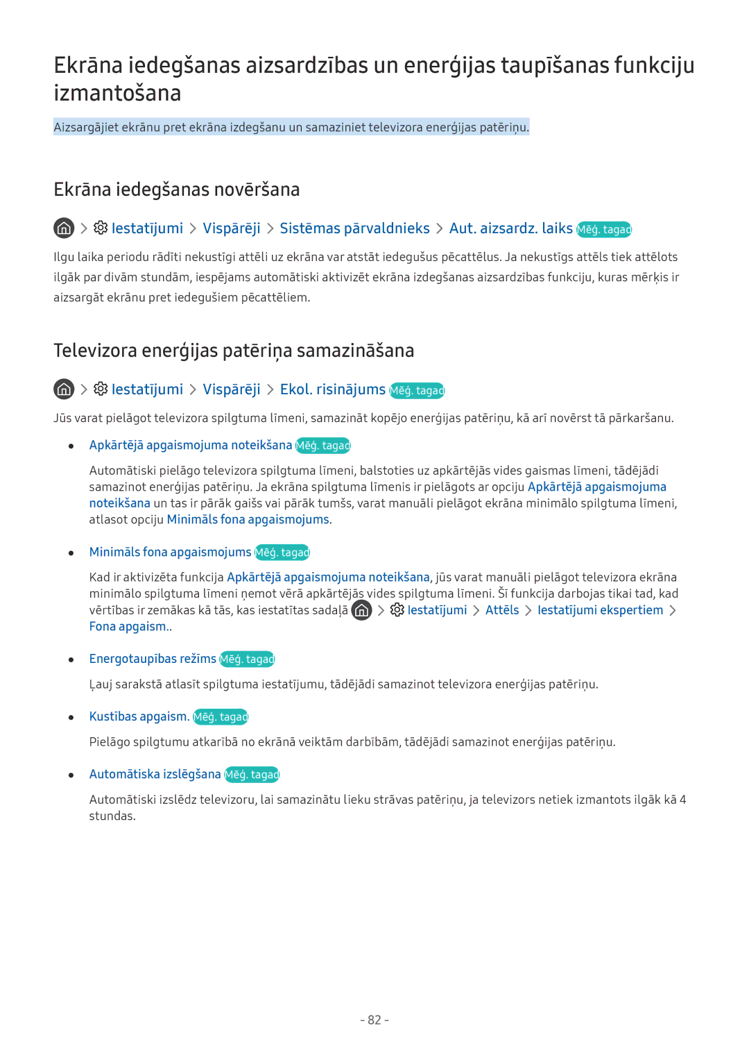 Samsung UE75MU6172UXXH, UE58MU6192UXXH manual Ekrāna iedegšanas novēršana, Televizora enerģijas patēriņa samazināšana 