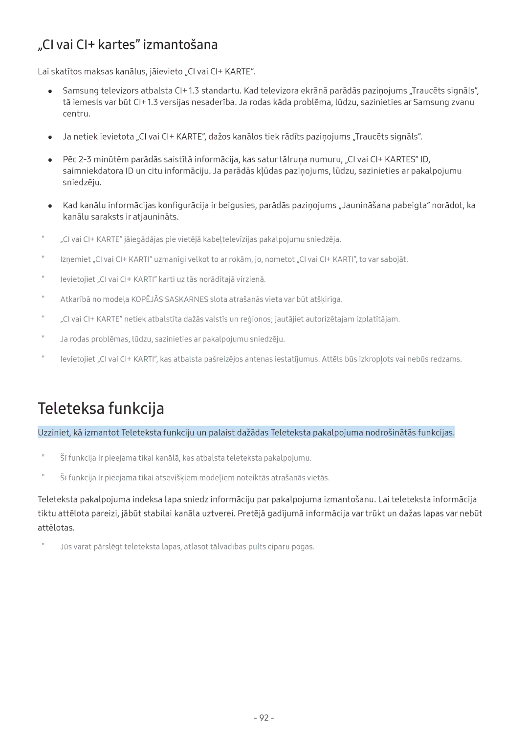 Samsung QE49Q7FAMTXXH, UE58MU6192UXXH, UE55MU7002TXXH, UE40MU6402UXXH Teleteksa funkcija, „CI vai CI+ kartes izmantošana 