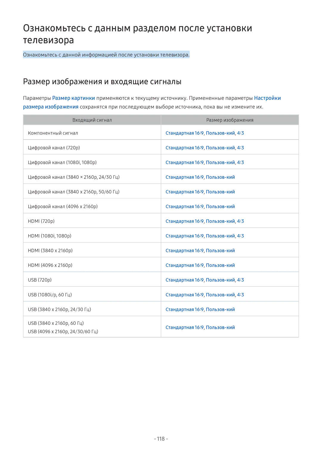 Samsung UE55MU7002TXXH Ознакомьтесь с данным разделом после установки телевизора, Размер изображения и входящие сигналы 