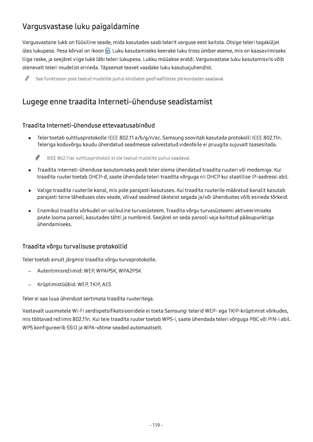 Samsung UE75MU8002TXXH manual Vargusvastase luku paigaldamine, Lugege enne traadita Interneti-ühenduse seadistamist 