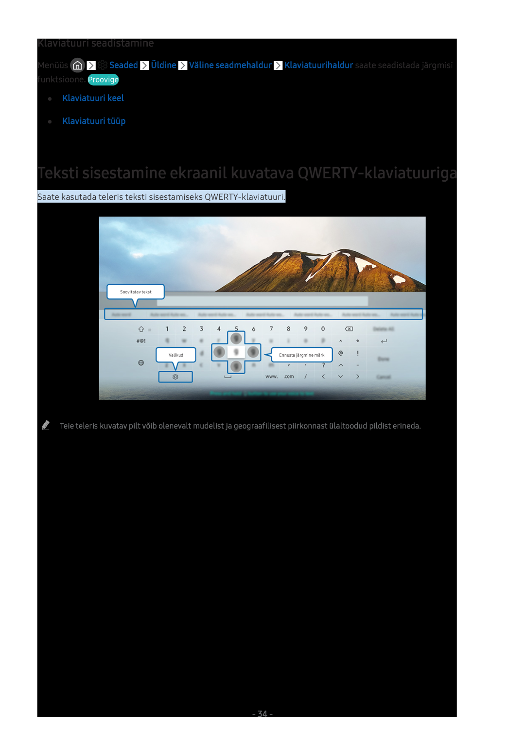 Samsung UE82MU7002TXXH manual Teksti sisestamine ekraanil kuvatava QWERTY-klaviatuuriga, Klaviatuuri seadistamine, Valikud 