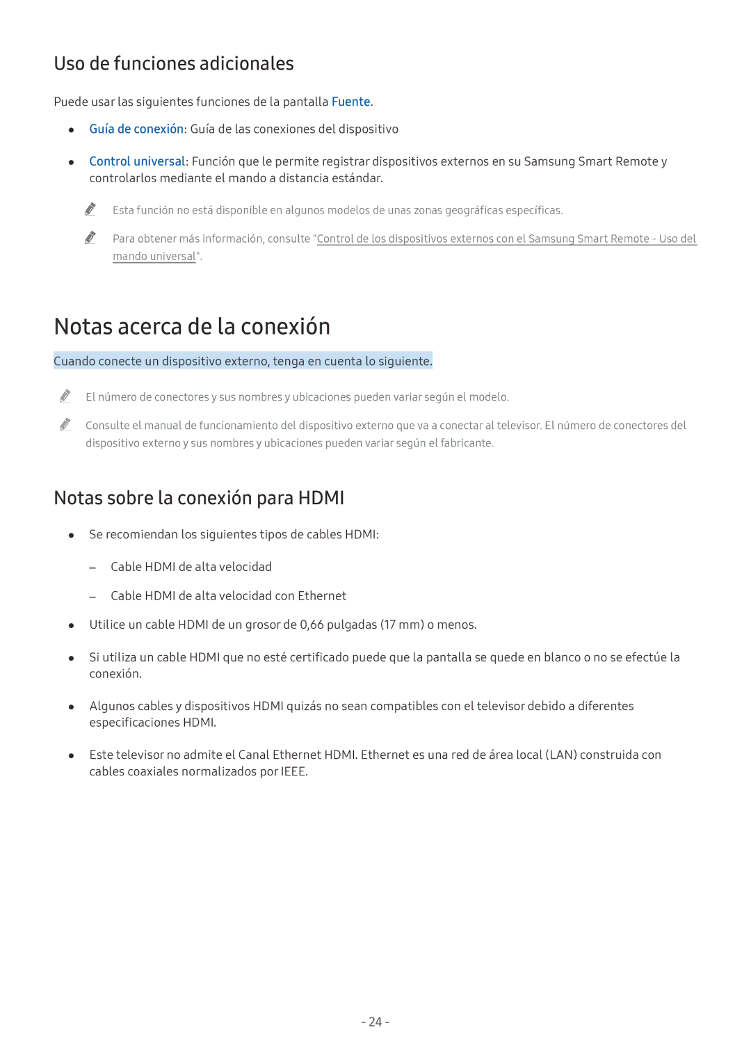 Samsung UE55MU7005TXXC manual Notas acerca de la conexión, Uso de funciones adicionales, Notas sobre la conexión para Hdmi 