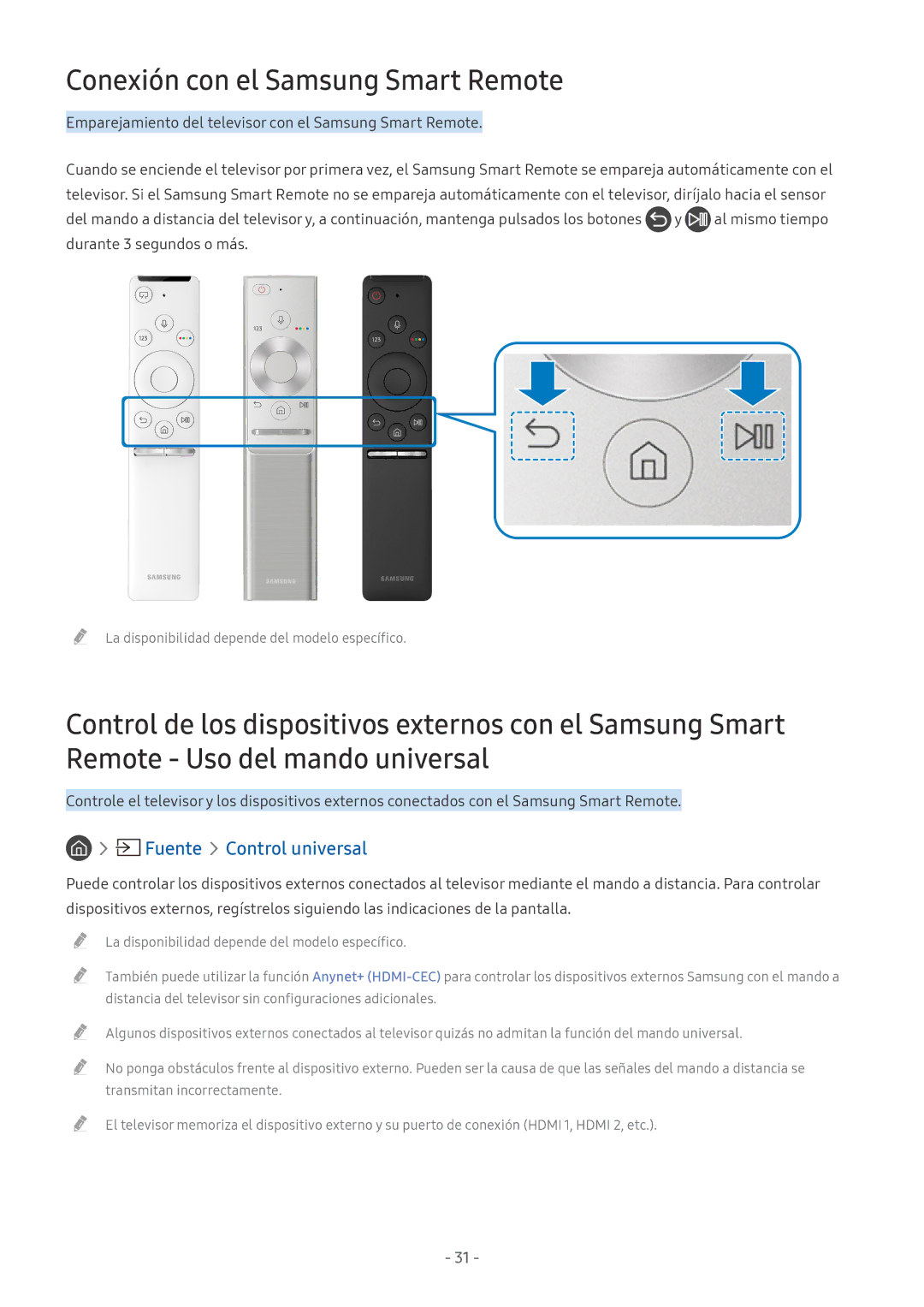 Samsung QE75Q8CAMTXXC, UE58MU6199UXZG, UE65MU6470UXZG manual Conexión con el Samsung Smart Remote, Fuente Control universal 