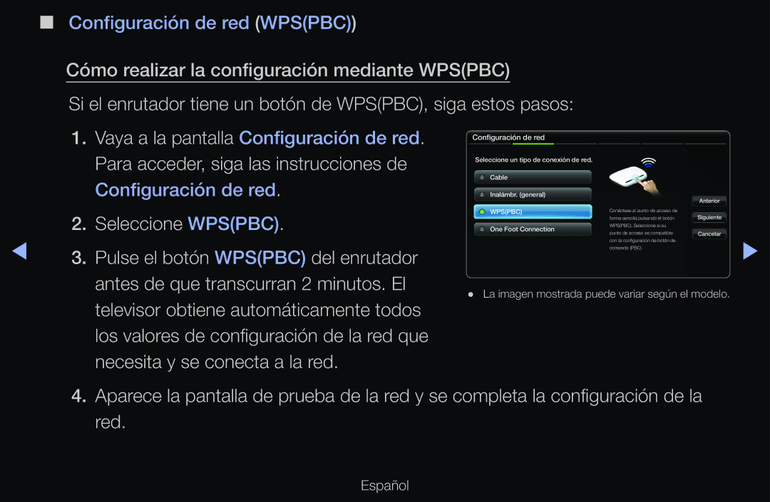 Samsung UE46D6530WSXXN manual Seleccione Wpspbc, Antes de que transcurran 2 minutos. El, Necesita y se conecta a la red 