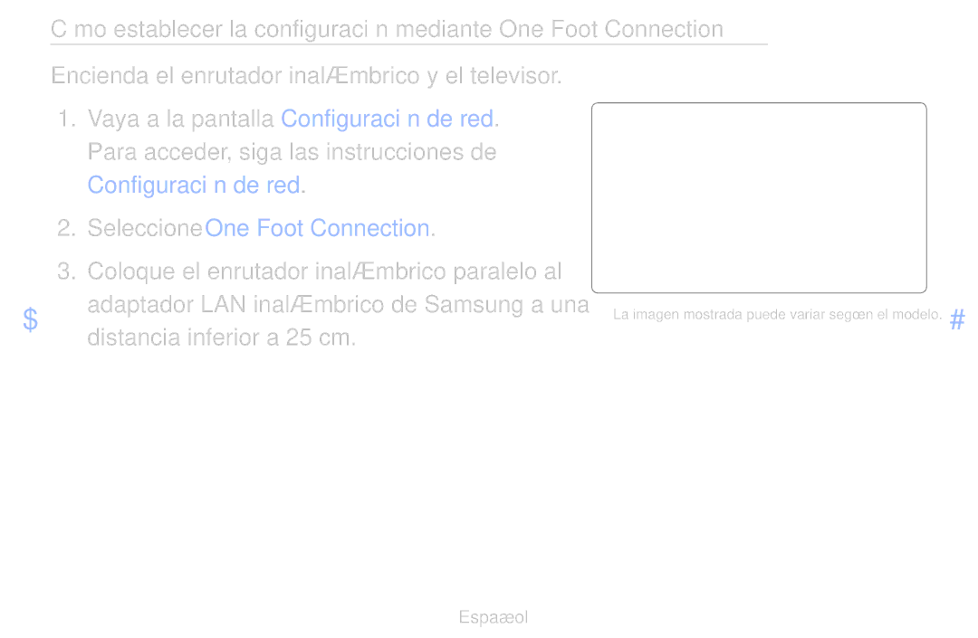 Samsung UE37D6200TSXZG, UE60D6500VSXZG, UE40D6200TSXZG manual Seleccione One Foot Connection, Distancia inferior a 25 cm 