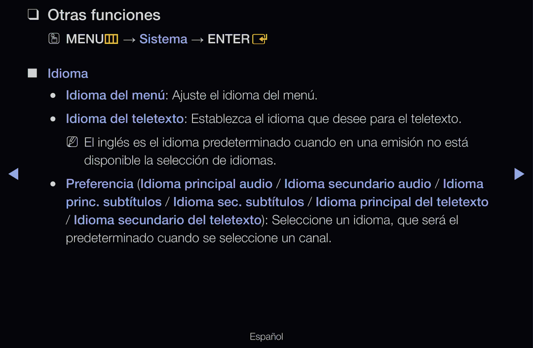 Samsung UE37D6100SWXXH, UE60D6500VSXZG, UE40D6200TSXZG, UE46D6530WSXXN manual Otras funciones, OO MENUm → Sistema → Entere 
