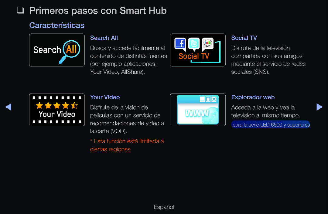 Samsung UE46D6510WSXXC, UE60D6500VSXZG, UE40D6200TSXZG, UE46D6530WSXXN manual Primeros pasos con Smart Hub, Características 