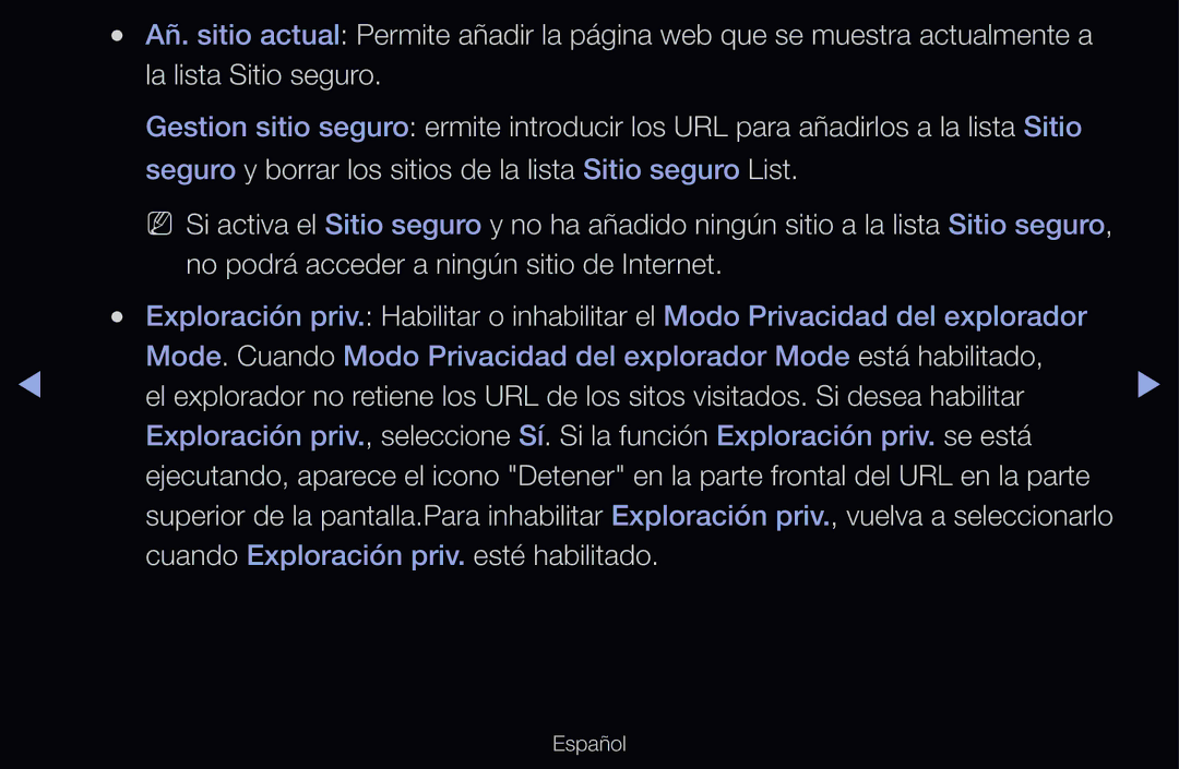Samsung UE55D6000TWXXC manual No podrá acceder a ningún sitio de Internet, Cuando Exploración priv. esté habilitado 
