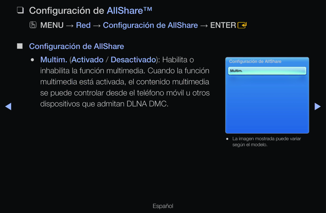 Samsung UE46D6750WSXXC, UE60D6500VSXZG, UE40D6200TSXZG manual Configuración de AllShare, Dispositivos que admitan Dlna DMC 