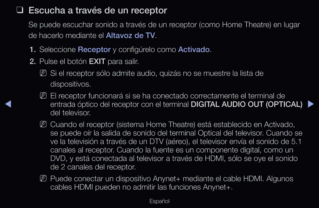 Samsung UE37D6510WSXXC, UE60D6500VSXZG manual Escucha a través de un receptor, Del televisor, De 2 canales del receptor 