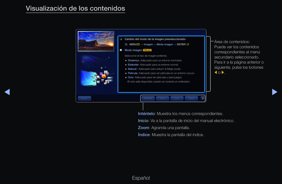 Samsung UE40D6750WSXXC, UE60D6500VSXZG manual Visualización de los contenidos, Cambio del modo de la imagen preseleccionado 