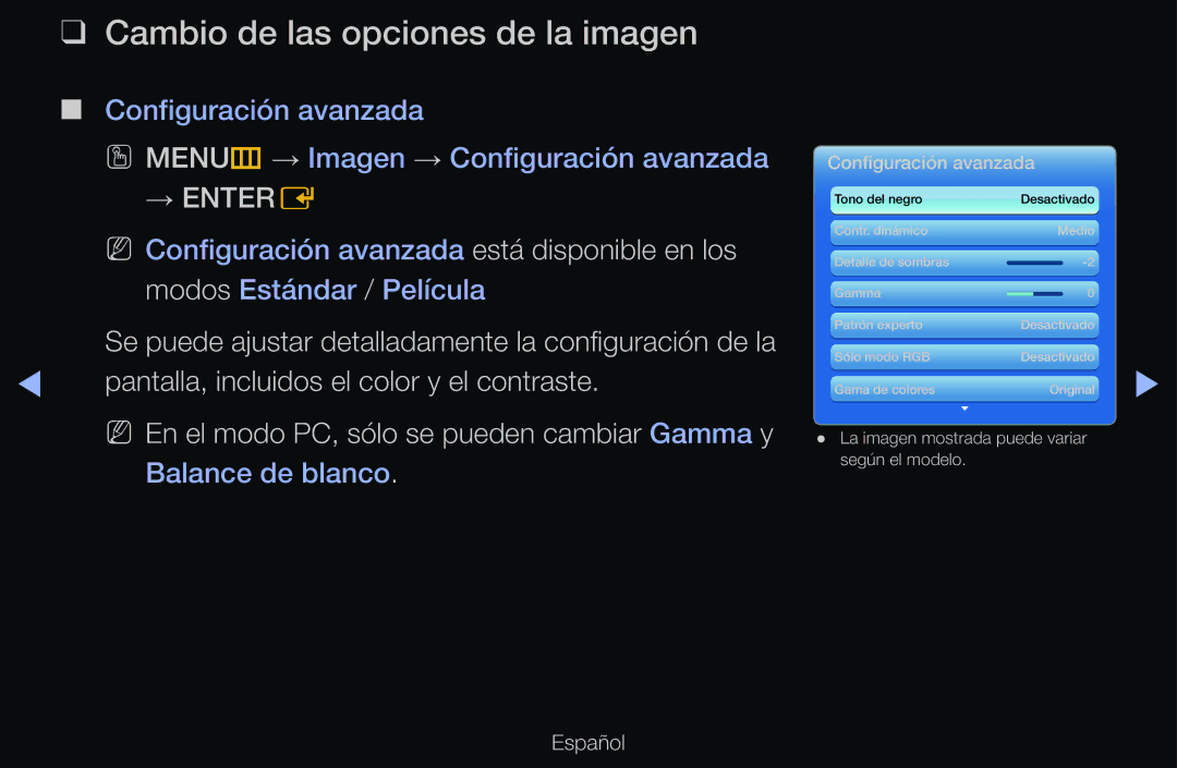 Samsung UE37D6100SWXXC, UE60D6500VSXZG, UE40D6200TSXZG, UE46D6530WSXXN manual Cambio de las opciones de la imagen, → Entere 